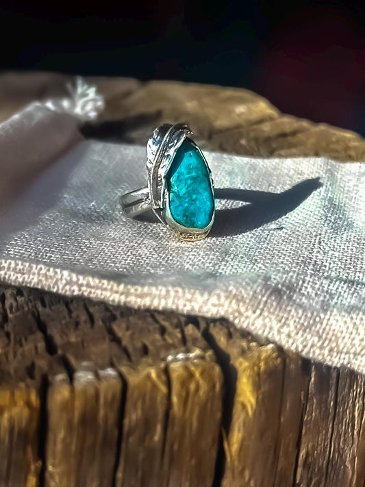 Turquoise Statement Ring with Sterling Silver Feather Accent | Boho Chic Jewelry | Unique Handmade Ring | Gift for Her